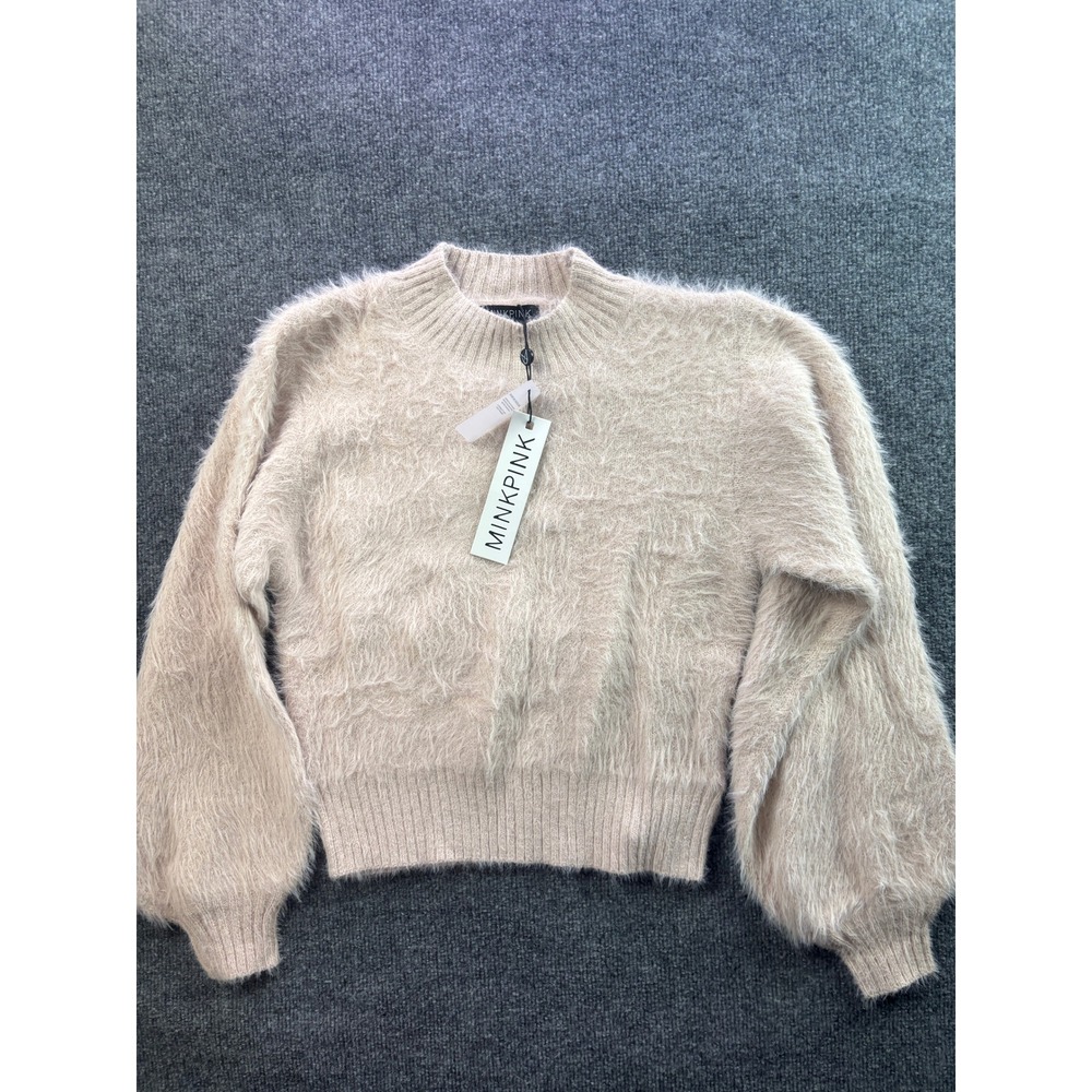 Minkpink Ester Knit Top Women Medium Pink Fuzzy Mock Neck Long Sleeve Sweater